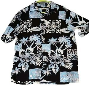 BATCK BAY Mens Hawaiian Shirt Floral Palm Tree Black Blue Short Sleeve M‎ Rayon
